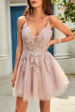 A Line Spaghetti Straps Blush Short Graduation Dress with Criss Cross Back