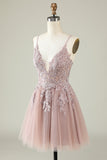 A Line Spaghetti Straps Blush Short Graduation Dress with Appliques