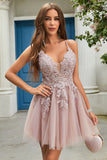 A Line Spaghetti Straps Blush Short Graduation Dress with Criss Cross Back