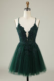 A Line Spaghetti Straps Dark Green Short Graduation Dress with Appliques