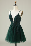 A Line Spaghetti Straps Dark Green Short Graduation Dress with Appliques