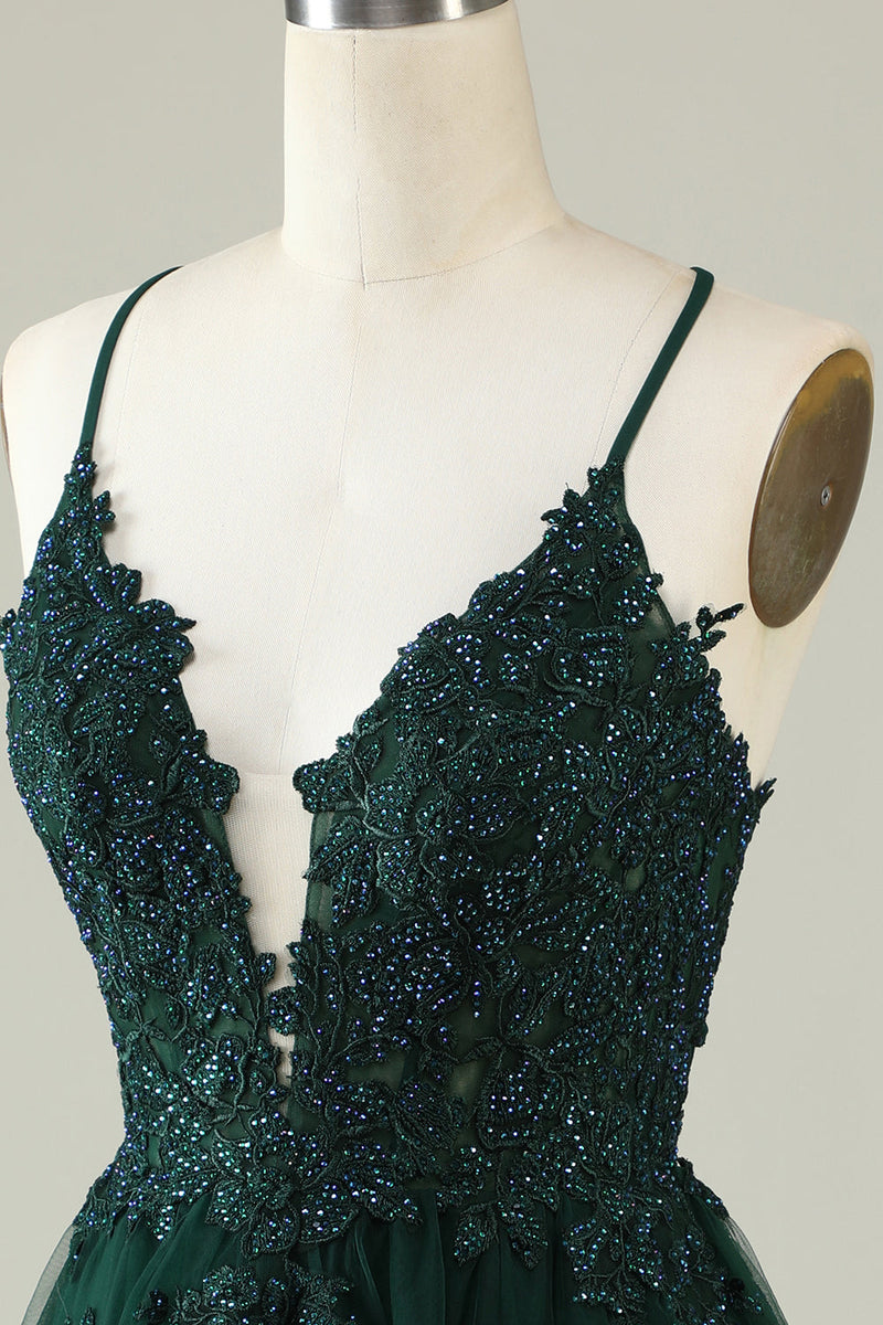 Load image into Gallery viewer, A Line Spaghetti Straps Dark Green Short Graduation Dress with Appliques