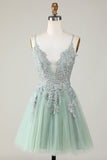 Stylish A Line Spaghetti Straps Green Short Graduation Dress with Appliques