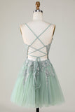 Stylish A Line Spaghetti Straps Green Short Graduation Dress with Appliques