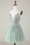 Stylish A Line Spaghetti Straps Green Short Graduation Dress with Appliques