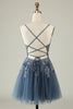 Load image into Gallery viewer, A Line Spaghetti Straps Grey Blue Short Graduation Dress with Appliques