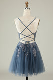 A Line Spaghetti Straps Grey Blue Short Graduation Dress with Appliques