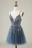 A Line Spaghetti Straps Grey Blue Short Graduation Dress with Appliques