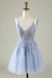 A Line Spaghetti Straps Grey Blue Short Graduation Dress with Appliques