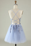 A Line Spaghetti Straps Grey Blue Short Graduation Dress with Appliques