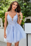 A Line Spaghetti Straps Light Purple Short Graduation Dress with Appliques