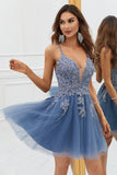 Stylish A Line Spaghetti Straps Green Short Graduation Dress with Appliques