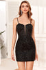 Load image into Gallery viewer, Bodycon Spaghetti Straps Black Sequins Short Graduation Dress with Criss Cross Back