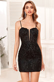 Bodycon Spaghetti Straps Black Sequins Short Graduation Dress with Criss Cross Back