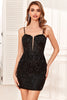 Load image into Gallery viewer, Bodycon Spaghetti Straps Black Sequins Short Graduation Dress with Criss Cross Back