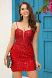 Bodycon Spaghetti Straps Red Sequins Short Graduation Dress with Criss Cross Back