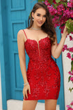 Bodycon Spaghetti Straps Red Sequins Short Graduation Dress with Criss Cross Back