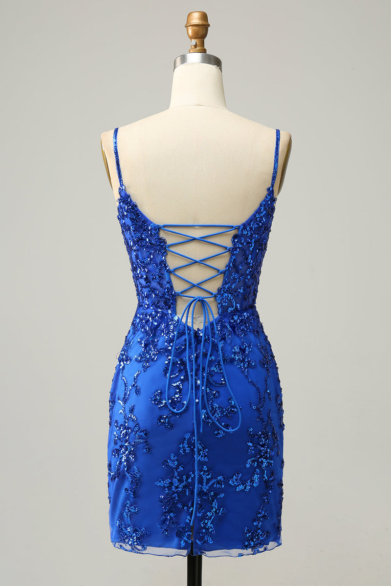 Load image into Gallery viewer, Sheath Spaghetti Straps Royal Blue Sequins Short Graduation Dress with Criss Cross Back