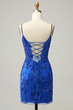 Sheath Spaghetti Straps Royal Blue Sequins Short Graduation Dress with Criss Cross Back