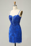 Sheath Spaghetti Straps Royal Blue Sequins Short Graduation Dress with Criss Cross Back