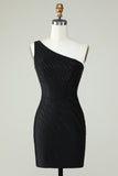 Sheath One Shoulder Black Short Graduation Dress with Beading