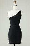 Sheath One Shoulder Black Short Graduation Dress with Beading