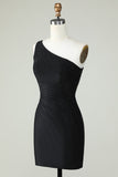 Sheath One Shoulder Black Short Graduation Dress with Beading