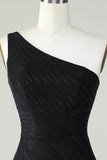 Sheath One Shoulder Black Short Graduation Dress with Beading