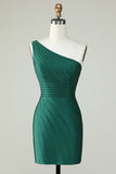 Sheath One Shoulder Dark Green Short Graduation Dress with Beading