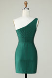 Sheath One Shoulder Dark Green Short Graduation Dress with Beading