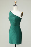 Sheath One Shoulder Dark Green Short Graduation Dress with Beading