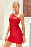 Bodycon One Shoulder Red Short Graduation Dress with Beading