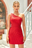 Bodycon One Shoulder Red Short Graduation Dress with Beading