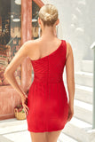 Bodycon One Shoulder Red Short Graduation Dress with Beading