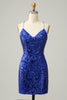 Load image into Gallery viewer, Sheath Spaghetti Straps Royal Blue Sequins Short Graduation Dress