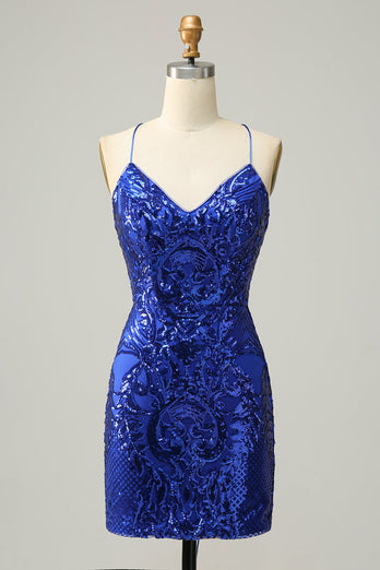 Sheath Spaghetti Straps Royal Blue Sequins Short Graduation Dress