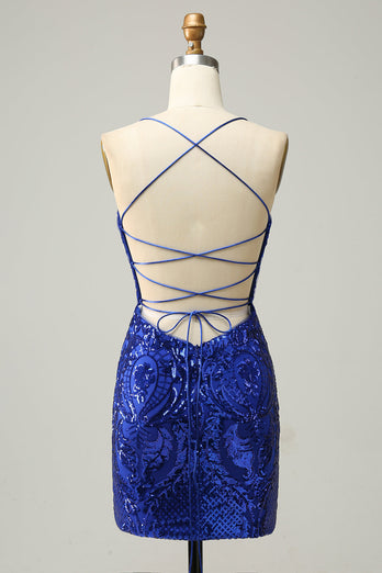 Sheath Spaghetti Straps Royal Blue Sequins Short Graduation Dress