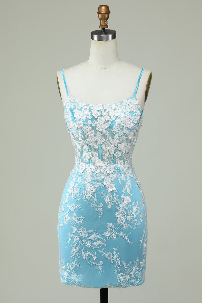 Load image into Gallery viewer, Sheath Spaghetti Straps Light Blue Short Graduation Dress with Appliques