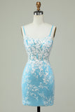 Sheath Spaghetti Straps Light Blue Short Graduation Dress with Appliques