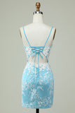 Sheath Spaghetti Straps Light Blue Short Graduation Dress with Appliques