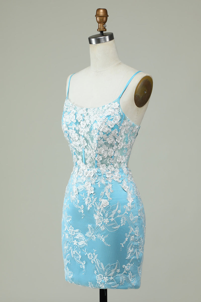 Load image into Gallery viewer, Sheath Spaghetti Straps Light Blue Short Graduation Dress with Appliques