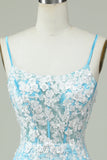 Sheath Spaghetti Straps Light Blue Short Graduation Dress with Appliques