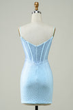 Stylish Sheath Spaghetti Straps Blue Short Homecoming Dress with Beading