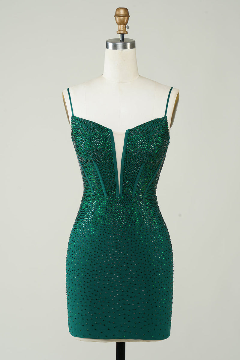 Load image into Gallery viewer, Sparkly Bodycon Spaghetti Straps Dark Green Short Homecoming Dress with Beading