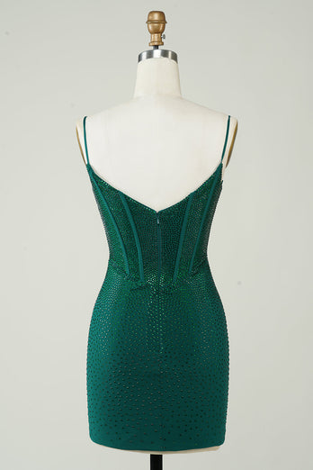 Sparkly Bodycon Spaghetti Straps Dark Green Short Homecoming Dress with Beading