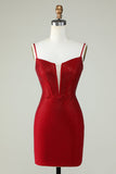 Sheath Spaghetti Straps Red Short Graduation Dress with Beading