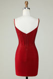 Sheath Spaghetti Straps Red Short Graduation Dress with Beading