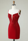 Sheath Spaghetti Straps Red Short Graduation Dress with Beading