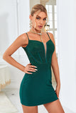 Bodycon Spaghetti Straps Dark Green Short Graduation Dress with Beading