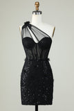 Bodycon One Shoulder Black Corset Graduation Dress with Appliques